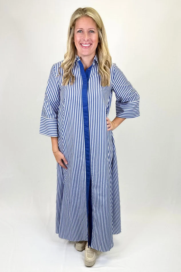 NAVY STRIPE BUTTON COLLAR MAXI DRESS