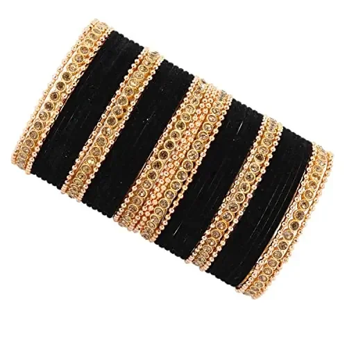 NMII Non-Precious Metal with Base Metal Zircon Gemstone and Rosegold Ballchain Studded Glossy Finished Traditional Velvet Bangle set for Women and Girls 2.6 Metal Zircon Gemstone