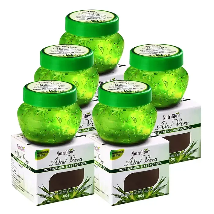 NutriGlow Aloe Vera Gel Great for Face Hair Acne Sunburn Bug Bites Rashes Glowing and Radiant Skin Hydrating Gel Relieves Itchy & Irritated Skin – Non Sticky 100gm Each Pack of 5