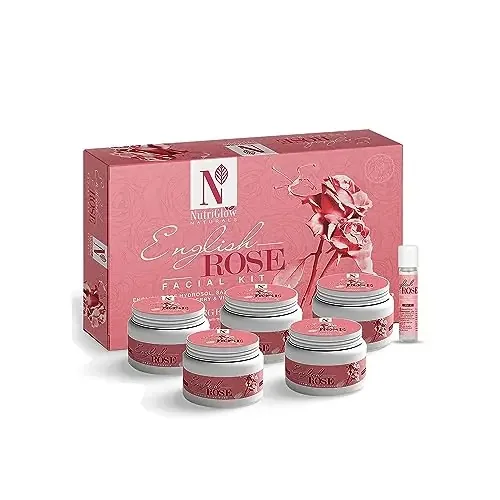 NutriGlow Natural‘s English Rose Facial Kit For Women With Rose Extracts Best For Reverse Aging Hyper pigmentation Treatment & Dark Spots Removal All Skin Types (8.8 Oz+ 0.3 Fl Oz)