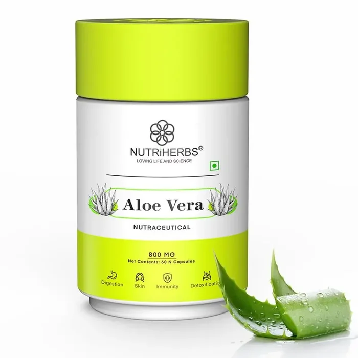 NUTRiHERBS Aloe Vera Capsules 800mg – 60 Capsules Supports Skin Hydration, Pure Herbal Nutritional Supplement for Healthy Digestion, for Men & Women