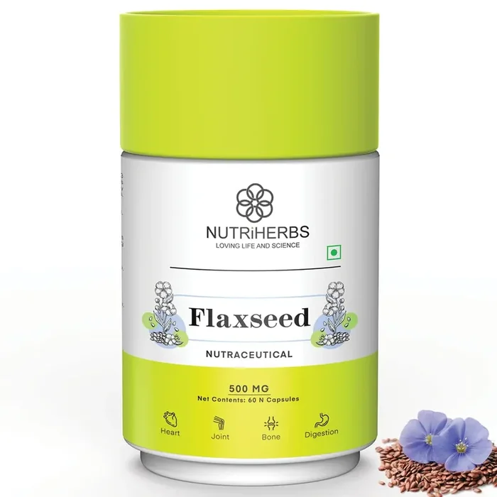 NUTRiHERBS Flaxseed Extract 500mg Capsules Supports Healthy Weight Management, Omega 3-6-9, Fiber-Rich Promotes Digestion, Skin & Hair Health for Men & Women – 60 Capsule