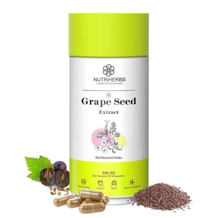 NUTRiHERBS Grape Seed Extract Capsules 500mg – Potent Antioxidant Supplement for Skin & Hair Health, Anti-Aging Support, and Immune Boost – 90 Vegan Capsules