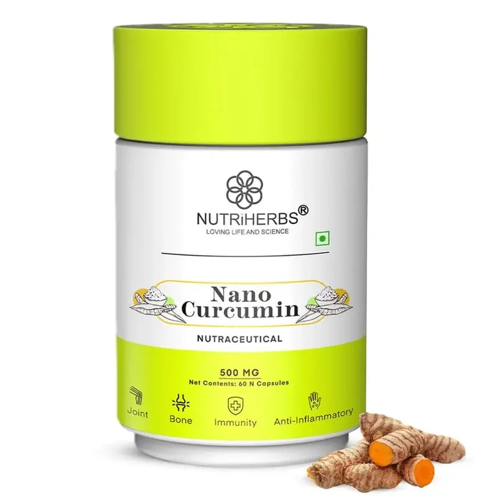 NUTRiHERBS Nano Curcumin 500mg Capsules Immunity Booster for Men & Women Joint Pain Relief & Digestion Support Turmeric Curcumin with Piperine for Better Absorption 60 Capsules