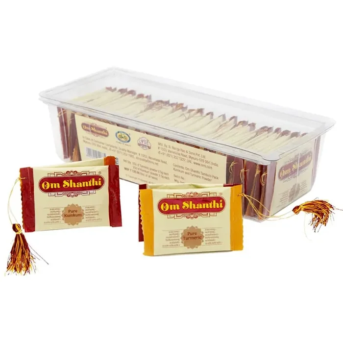 Om Shanthi Pooja Made Pure Tambula Pouch Kumkum & Turmeric -Pack of 2 Yellow