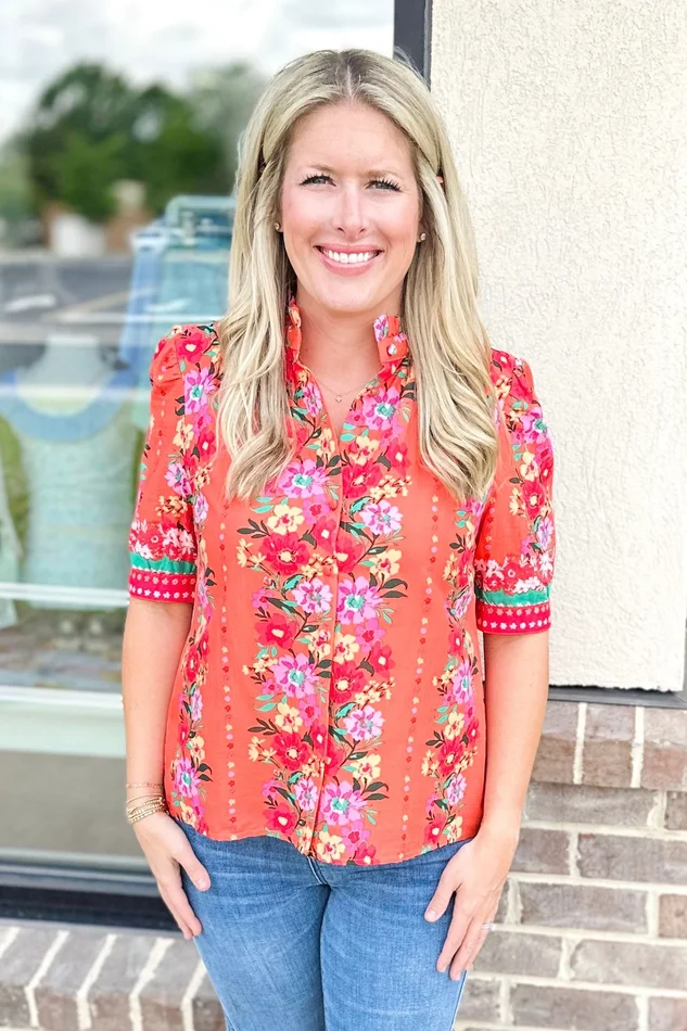 ORANGE FLORAL BUTTON FRONT TOP