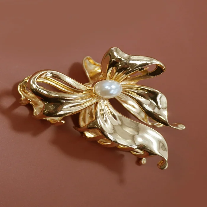 Pearl Bow Alloy Hair Claw Clip – Gold