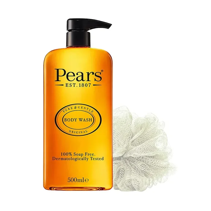 Pears Pure & Gentle Original Body Wash With Glycerin, Dermatogically Tested, 100% Soap Free Shower gel,Imported,500 ml (Free Loofah)