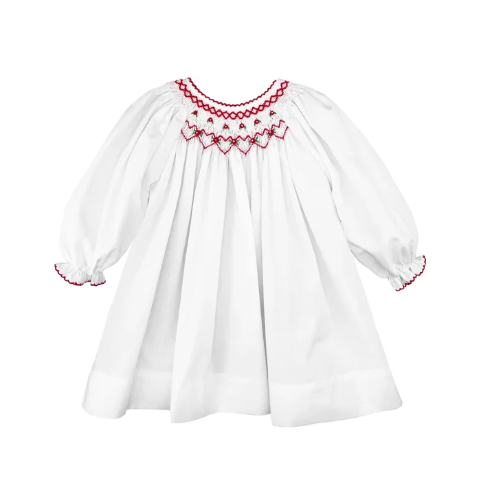 Petit Ami White Bishop Dress with Heart Smocking – Baby Girls