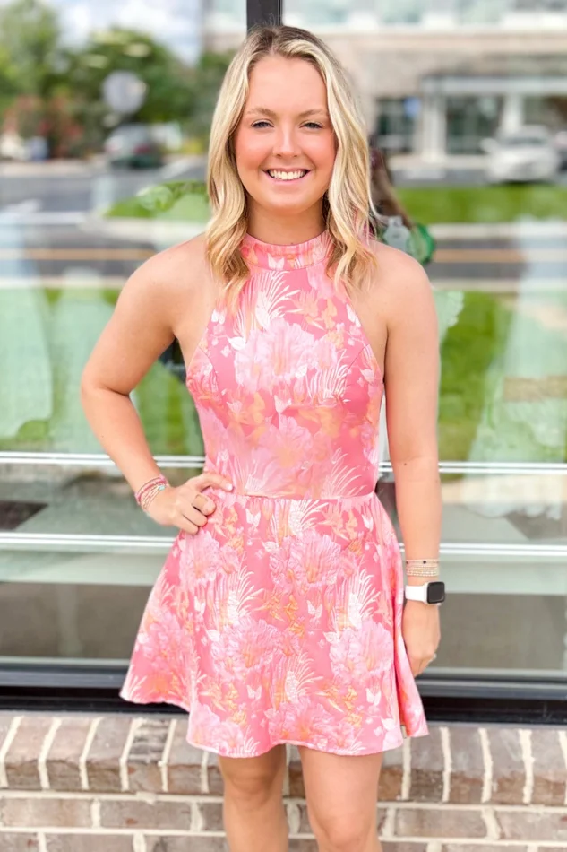 PINK & ORANGE FLORAL HALTER NECK DRESS