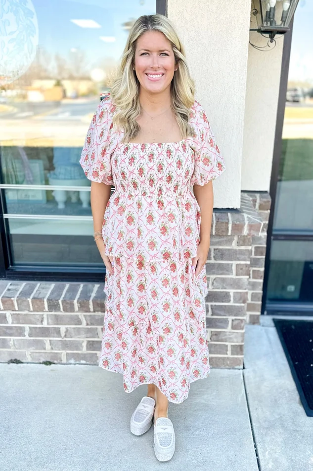 PINK BOW FLORAL PATTERN SMOCKED TIERED MAXI DRESS