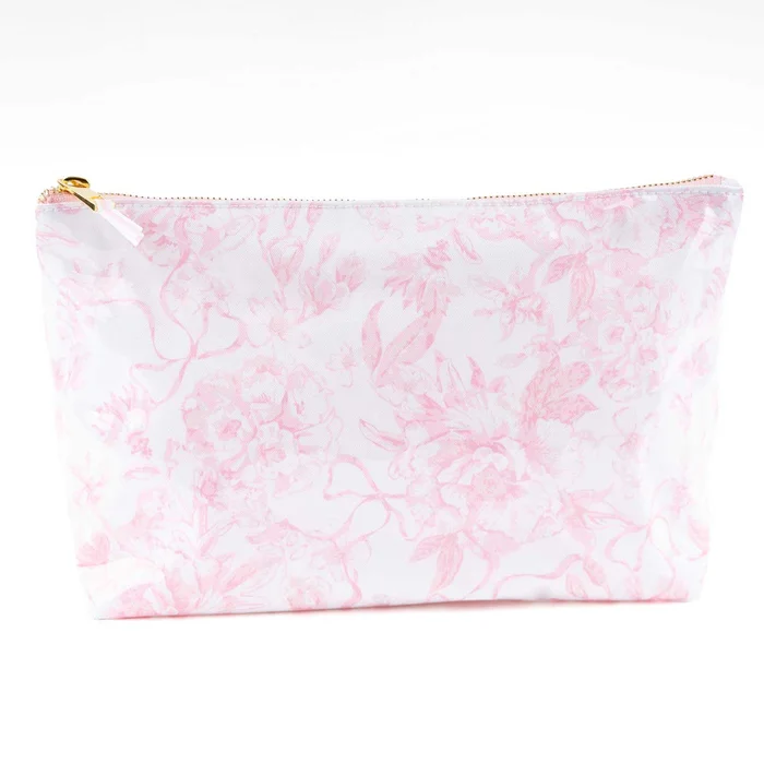 PINK BOW TOILE CLEAR COATED TRAVEL COSMETIC CASE