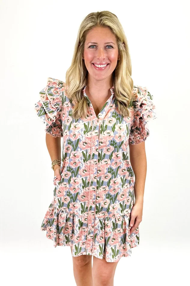 PINK FLORAL RIC RAC RUFFLE BUTTON DRESS