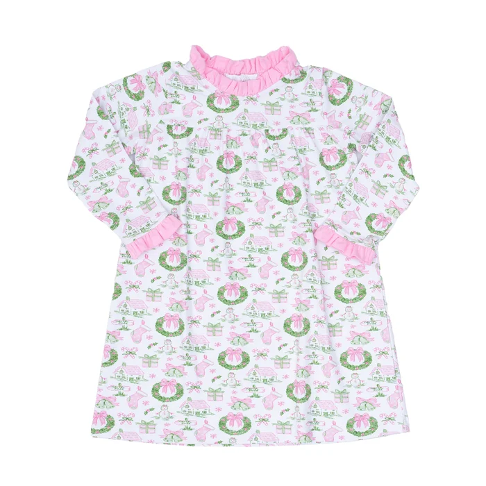 PINK HOLIDAY TOILE RUFFLE MOCK NECK DRESS