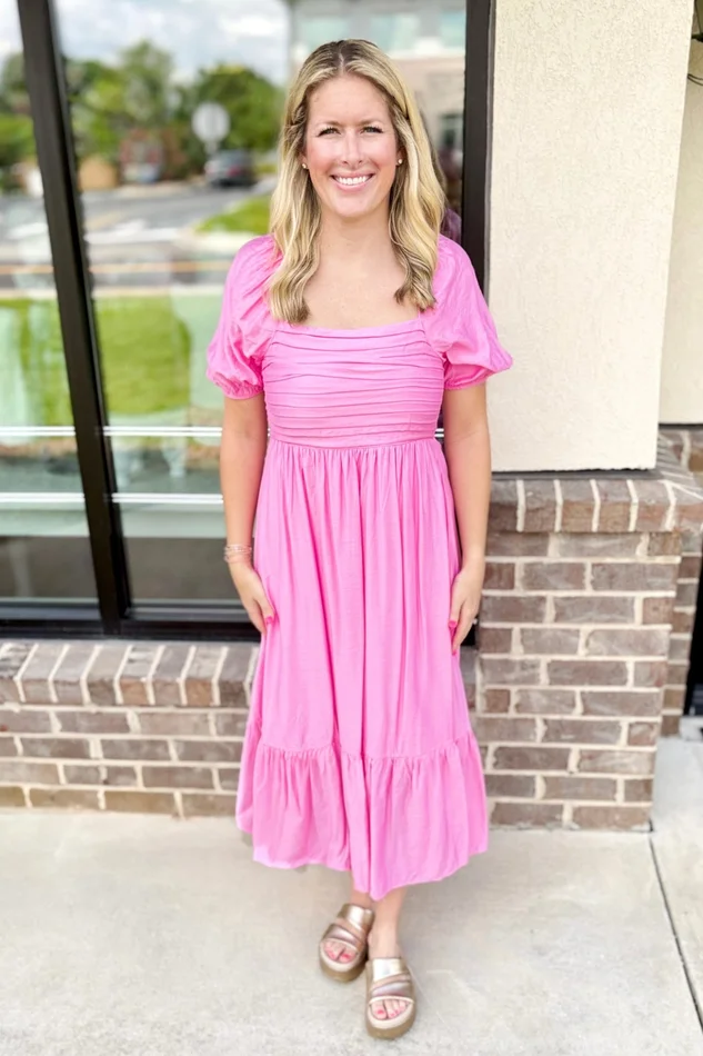 PINK TUCK PLEAT SQUARE NECK MIDI DRESS