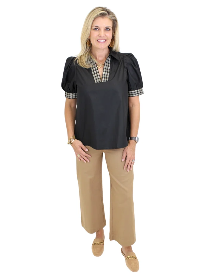 Plaid Trim Puff Sleeve Top – Black