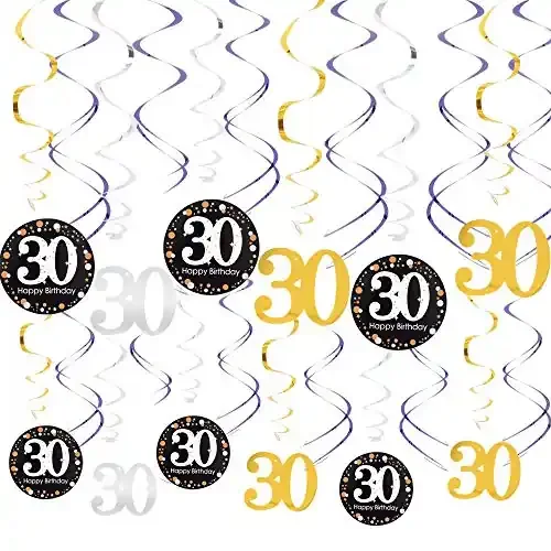 Pop The Party 30th Birthday Party Decoration 12 Packs Black Gold Silver Hanging Foil Spiral Swirl Ceiling for 30 Years Old Birthday Anniversary Party Supplies