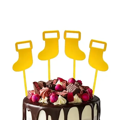 Pop The Party 4 pcs Gold Stocking Cupcake Toppers Acrylic Cake Toppers Picks for Wedding Birthday Baby Shower Christmas Party Decorations Supplies (Stocking Christmas Cake Topper Gold)