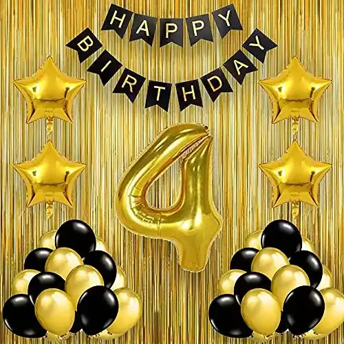 Pop The Party Black Gold 4th Birthday Party Decorations with Birthday Banner, Star, Latex Balloons, Curtains and 4 Digit No. Set of 39 Supplies