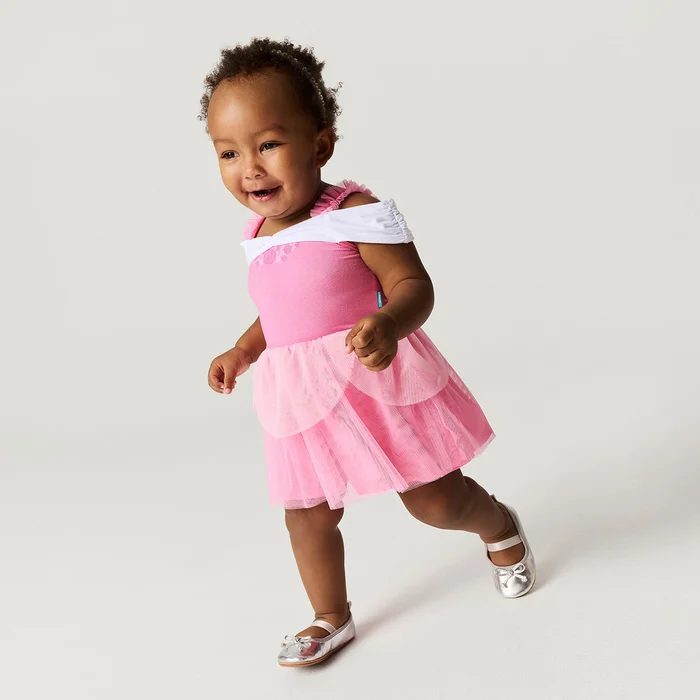 Princess Pink Off-the-shoulder Disney Sleeping Beauty Aurora Tulle Bodysuit Dress | Posh Peanut®