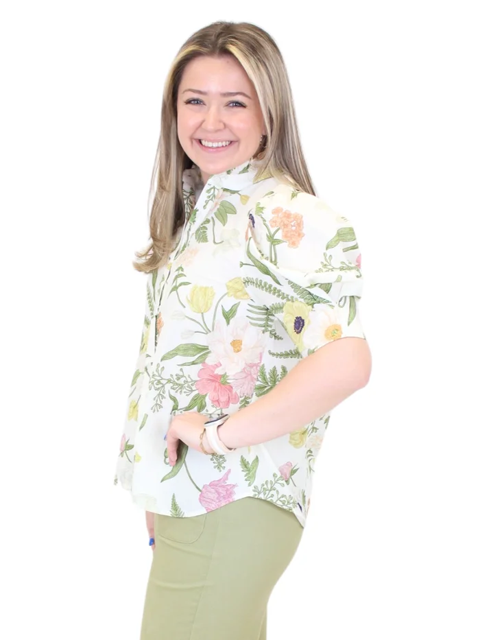 Puff Sleeve Botanical Button Down – Cream