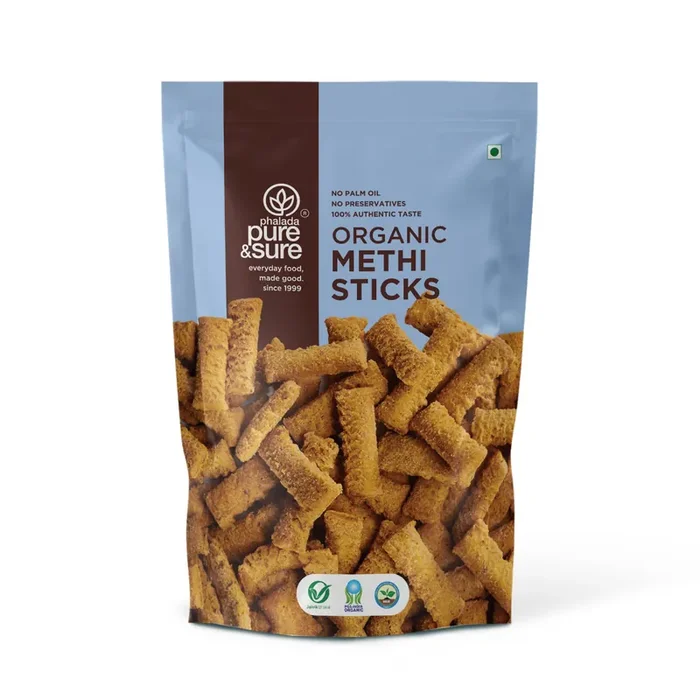 Pure & Sure Organic Methi Sticks 200G Made with Whole Wheat Flour with the flavor of Fenugreek (Methi) Crunchy & Healthy Snacks No Preservative & Artificial Flavours
