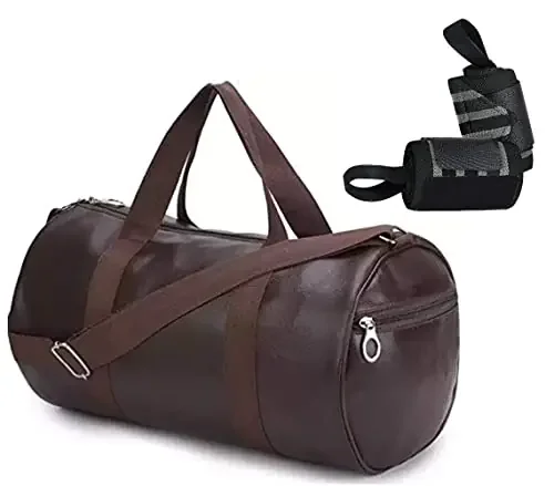 Raizex Combo Pack of PU-Leather Gym Bag Gym Duffel Bag with Shoulder Strap for Men & Women with Grey Wrist Support Band for Daily Exercise.