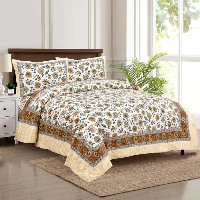 RAJASTHANI PUPPETS Fancy Floral Blue-Yellow Sunflower Cotton Double Bedsheet 2 Pillow Cover 1 Sheet