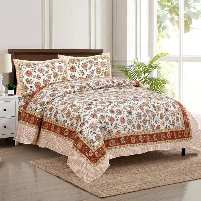 RAJASTHANI PUPPETS Fancy Floral Red-Green Sunflower Cotton Double Bedsheet 2 Pillow Cover 1 Sheet