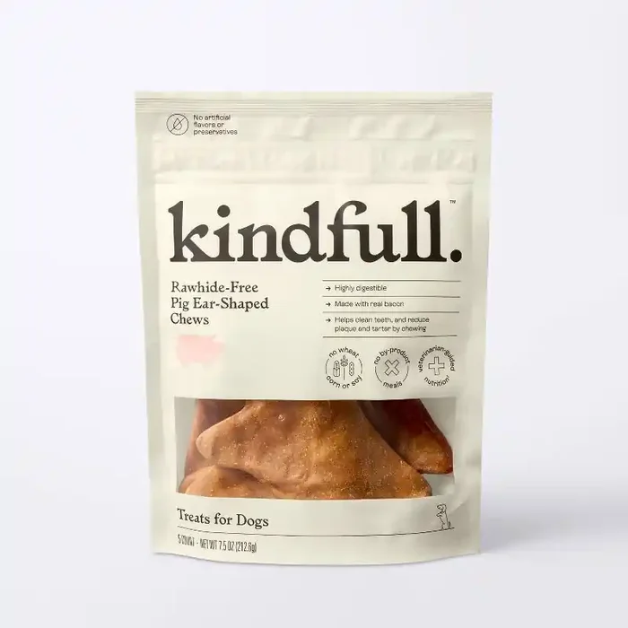Rawhide-Free Bacon and Smoke Flavor Pig Ear Shaped Dental and Hard Chew Dog Treats – Kindfull™ 7.5oz