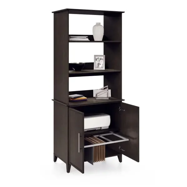 Realspace Koru 72″”H 3-Shelf Bookcase With Printer Shelf & File Storage, Espresso Oak