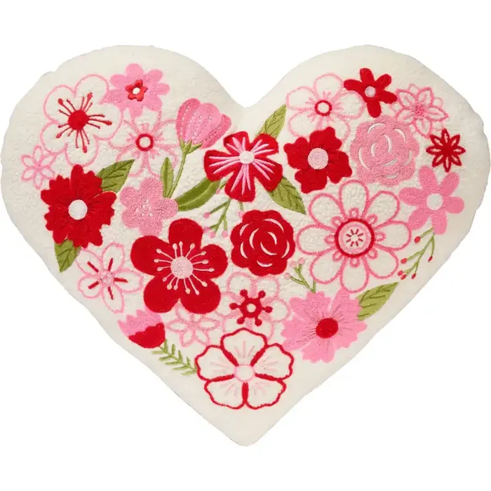 Red & Pink Embroidered Flowers Heart-Shaped Pillow, 17 X 14 In