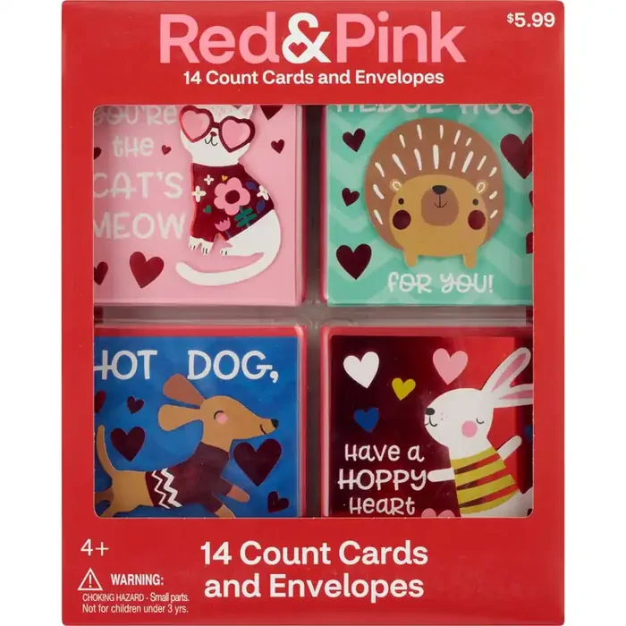 Red & Pink Furry Friends Valentine‘s Day Cards & Envelopes, 14 Ct