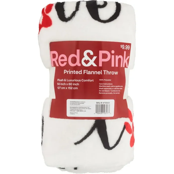 Red & Pink Paw Print “Love” Flannel Throw, 50 X 60 In