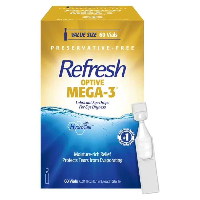 Refresh Optive Mega-3 Lubricant Eye Drops Preservative-Free Artificial Tears, 0.01 fl oz (0.4 mL), 60 Single-Use Containers