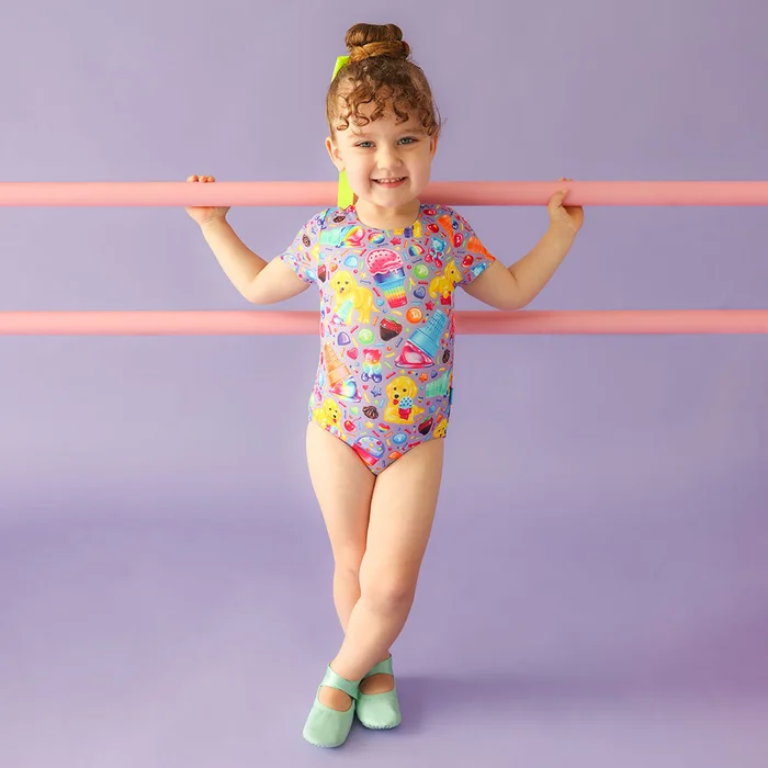 Retriever Purple Stretchy Lisa Frank® Casey & Caymus Criss-Cross Leotard | Posh Peanut®