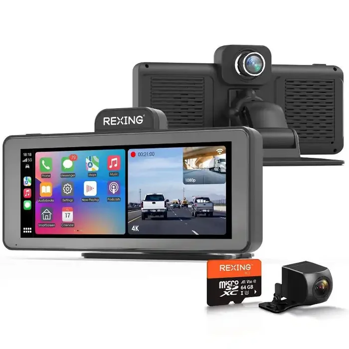 Rexing Wireless Apple CarPlay & Android Auto Display with 4K Dash Cam Vehicle Electronics Accessory