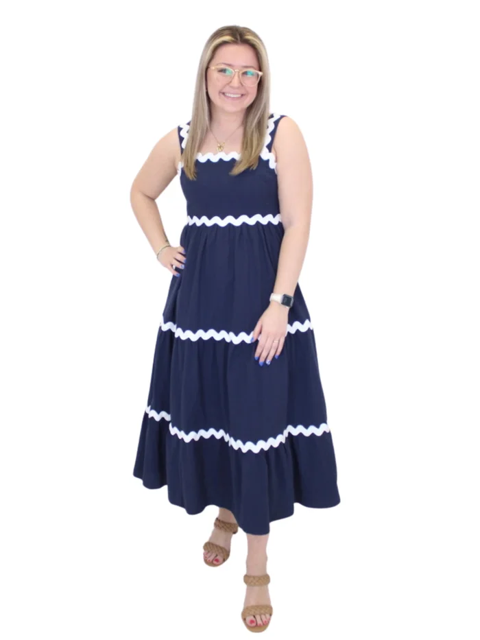 Ric Rac Tiered Midi Dress – Navy