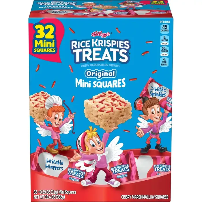Rice Krispies Treats Mini Marshmallow Cereal Bars, Kids Snacks, Valentine‘s Day Snacks, Original with Holiday Sprinkles, 12.4oz Box, 32 Bars​