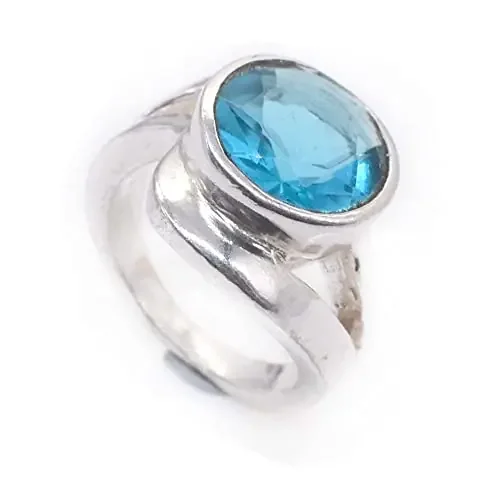 RidVik Blue Topaz Quartz Round Shape Handmade Jewelry Ring 7.50″ RIN-624, Silver Plated, Topaz and Topaz