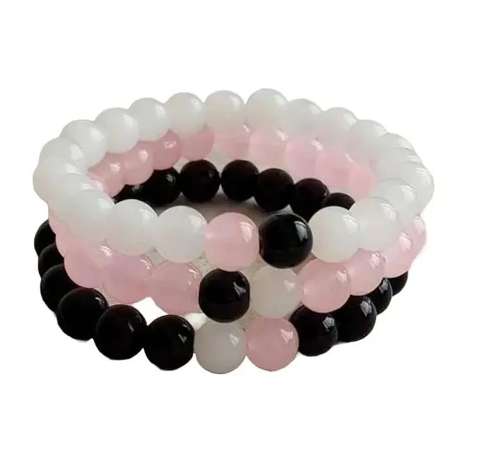 RK ENTERPRISES Veritas Coupl Bracelet Stone Beads Multi Layer Tiple Protection Best Friend Relationship Couple Matching Bracelet Black & White & Pin 3 Pcs, One Size, Alloy Steel, Onyx