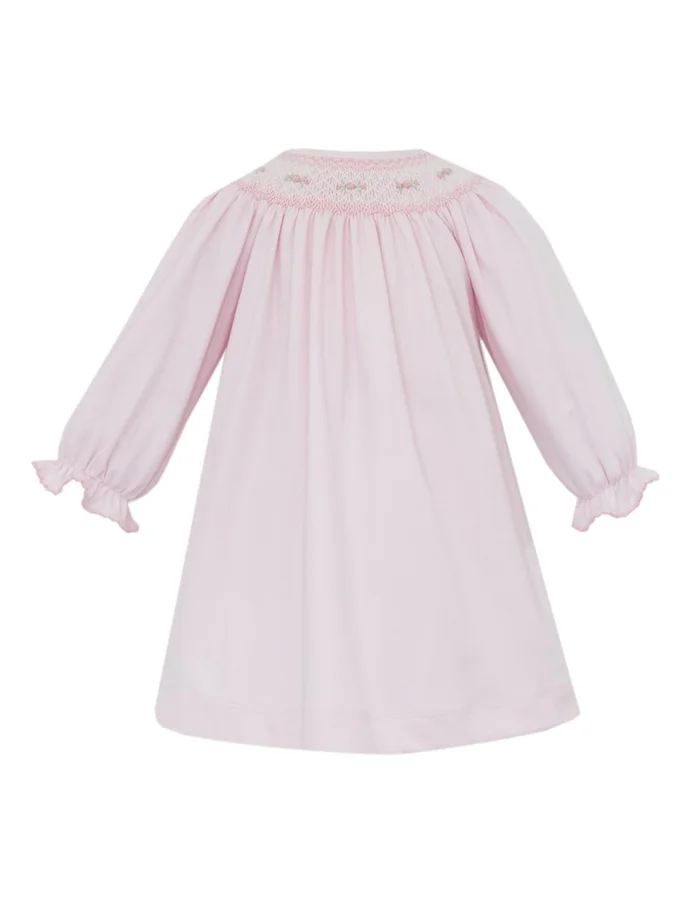 ROSE Pink Knit Bishop Long Sleeve- Smocked Pink Rosettes