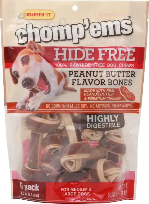 Ruffin‘ It Chomp‘ems 6 Pack Peanut Butter Flavor Bones Dog Chews 9.28 oz Pouch