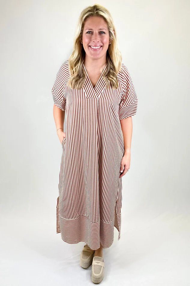 RUST STRIPE VNECK SIDE SLIT MAXI DRESS