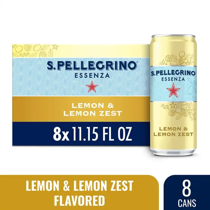 S.Pellegrino Essenza Lemon & Lemon Zest Flavored Mineral Water with CO2 Added, 8 Pack of 11.15 Fl Oz Cans