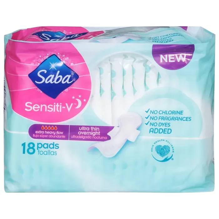 Saba Sensitive Ultra Thin Overnight Pads 18 Count
