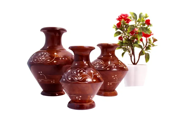 SAHARANPUR HANDICRAFTS Wooden Flower Pots Set of 3 with White Work. Sheesham Wood