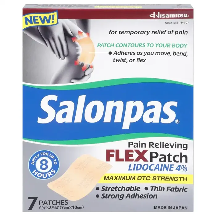 Salonpas Maximum OTC Strength Lidocaine 4% Pain Relieving Flex Patch Apply for Up to 8 Hours, Unscented, Thin, Flexible, Lightweight, Patch Stays in Place, 7 Patches