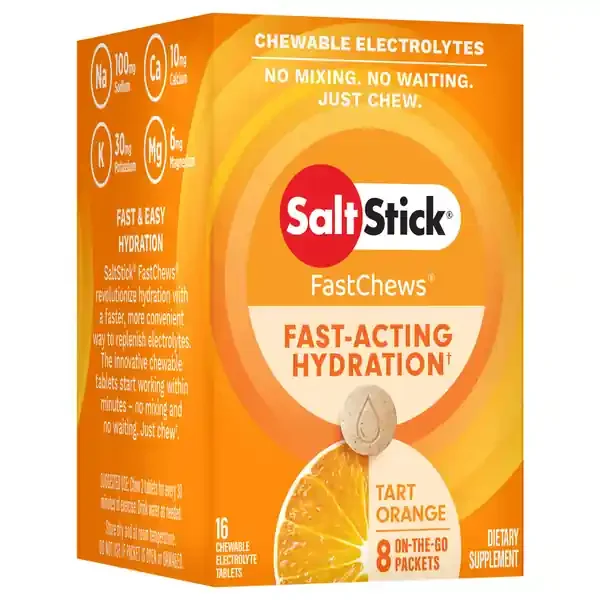Saltstick Fast Chews, Chewable Electrolytes Tablets, Tart Orange, 8 Otg Packets