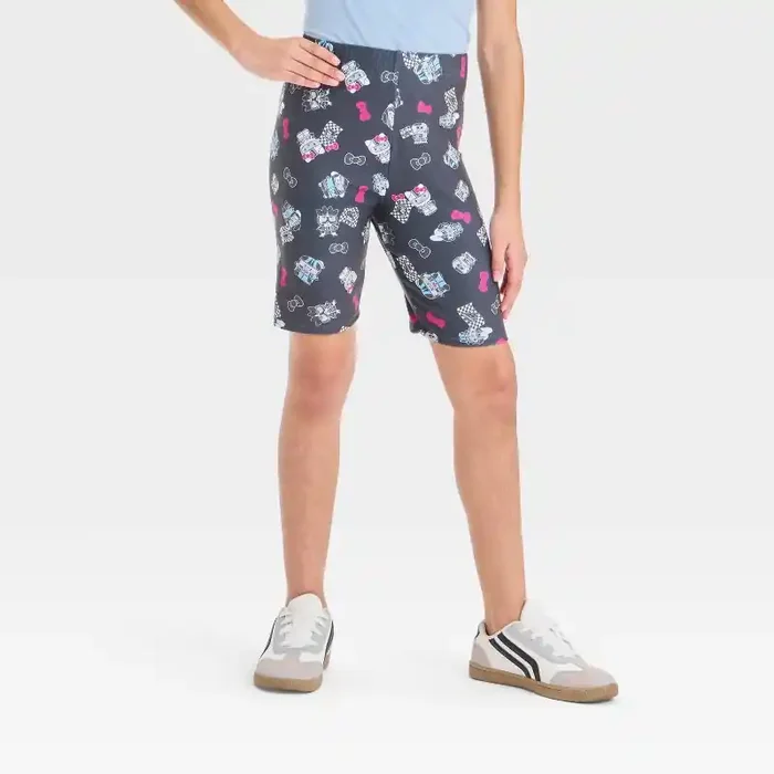 Sanrio Girls‘ Hello Kitty Bike Shorts – Black M Polyester Spandex Blend, Pull-On Waist, Jersey Fabric